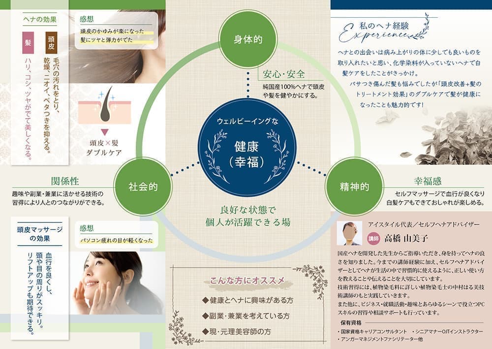 ヘナ養成講座の三つ折りリーフレットデザイン中面