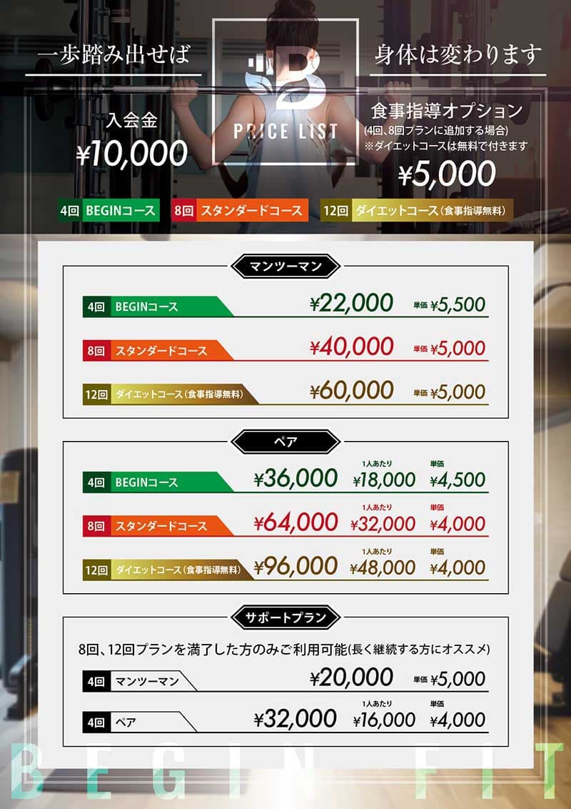パーソナルジムのチラシ料金表デザイン
